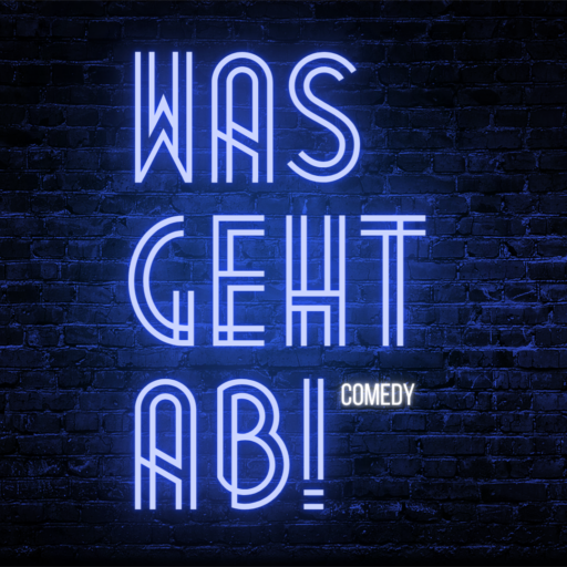 Schriftzug "Was geht ab! Comedy" in blauer Leuchtschrift auf dunklem Hintergrund.